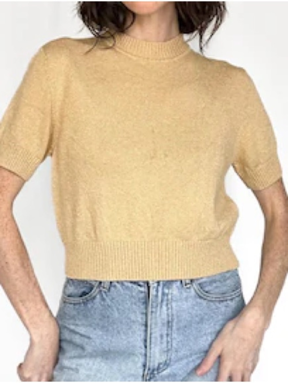 St. John Short-Sleeve Crewneck Sweater in Tan
